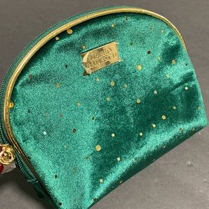 New Mario Badescue Green And Gold Polka Dot Velvet Velour Cosmetic Zipper Pouch